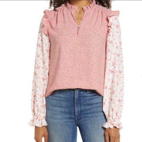 NWT Rachel Parcell floral pink cheetah ruffle top - Picture 1 of 10